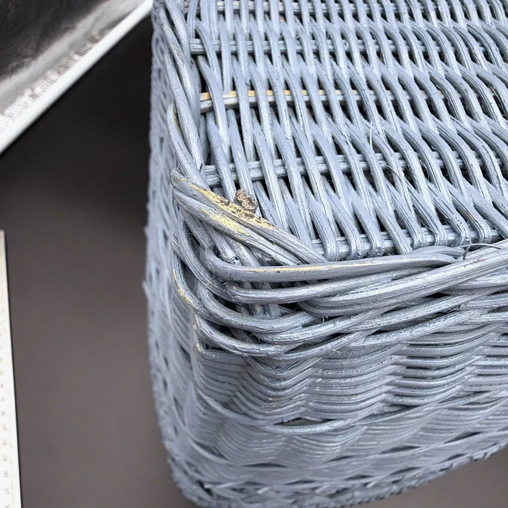 VTG Wicker Basket Light Blue Painted Braided Knot Openwork Lattice Decor